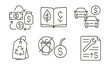 © Valentyna - Line style icons of low-cost sustainable habits: reuse + save budget tracker, eco-budget guidebook, “one change per week” card, shared ride = shared cost badge, eco + money double win icon, thrift