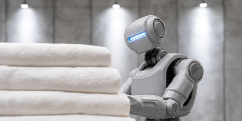 A humanoid robot is holding a stack of folded towels in a well-lit modern room. Technology, robotics, future, automation, domestic, service
