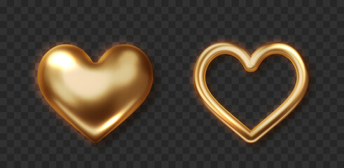 Wall Mural - gold heart 3d shape. glossy realistic metal shine. love and wedding symbol, luxury romantic icon for