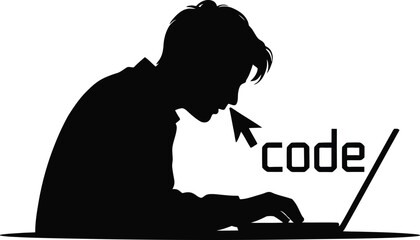 Silhouette of a person programming on a laptop with the word code in minimalist style