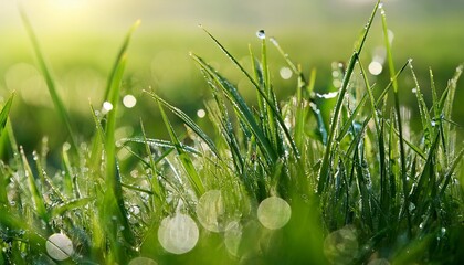 Wall Mural - water dews on the blades of grass close up of grass droplets on grass