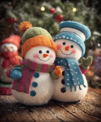 Sticker - Two snowmen standing side by side on a snowy ground with a clear winter sky background.