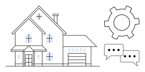 Contemporary house with large windows and garage next to gear and conversation bubbles. Ideal for real estate, home automation, property management, architecture, technology, connectivity, simple