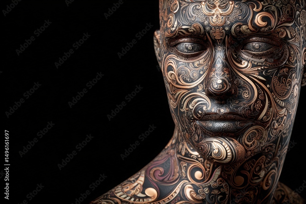 A beautifully crafted human sculpture adorned with elaborate patterns and swirling designs stands out against a black background.