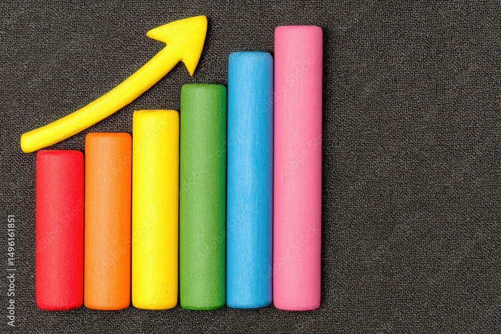 Brightly colored bars in orange, yellow, green, blue, and pink demonstrate growth, with an arrow pointing upward, symbolizing progress and success in a creative and vibrant manner.
