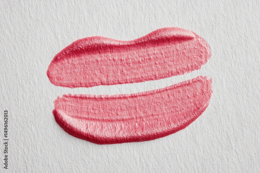 A kiss mark in soft pink lipstick is displayed on lightly textured white paper, showcasing two well-defined lip impressions. The natural lighting highlights the creamy texture.