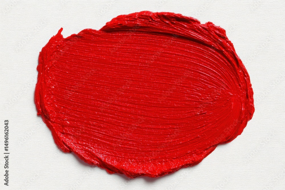 A thick layer of bright red paint is spread on a textured canvas, showcasing its rich color and smooth texture. The paint appears freshly applied, hinting at a creative endeavor in progress.