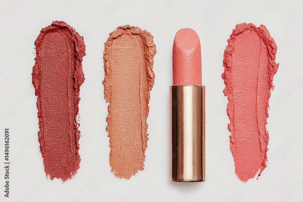 Three different lip colors are displayed with a lipstick in the center. The shades range from deep red to soft pink, showcasing a variety of textures and finishes, highlighting beauty options.