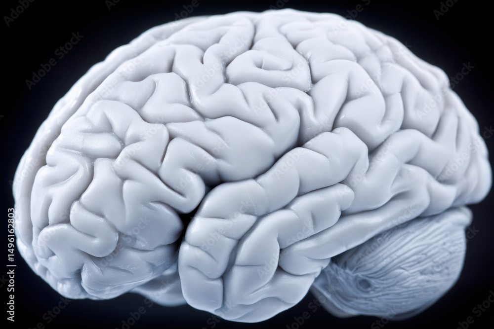 A three-dimensional rendering of a human brain showcases the intricate folds and creases. The model features a smooth, pale surface against a dark background, emphasizing its structure and complexity.