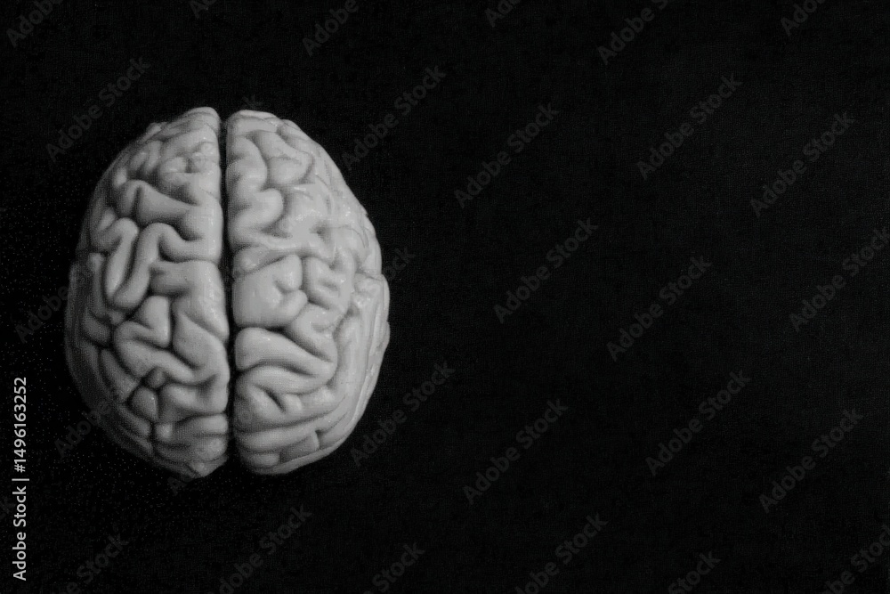 A detailed model of a human brain is displayed against a black background, capturing the complex folds and textures of the cerebral surface. The brain is positioned prominently for clear visibility.