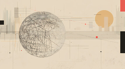Wall Mural - A sketch illustration of a detailed globe with network lines and nodes, set against a white background with minimalist line art and subtle bokeh elements, business concept. minimalist. Illustration