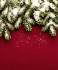 Sticker - Close-up of a snow-covered pine tree branch against a vibrant red background, winter holiday theme.