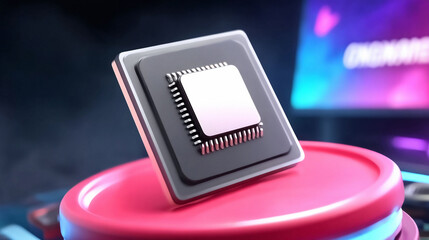 Wall Mural - sleek 3d render of a microchip on a pink stand against a digital backdrop. evokes hightech, processi