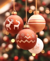 Wall Mural - Three red and gold Christmas ornaments hanging on a green pine tree branch with a deer figurine decoration.