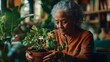© Berkah - Elderly woman tending a houseplant in a living space.