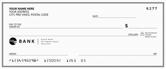 Wall Mural - bank check, vector blank money cheque, checkbook template with guilloche pattern and fields. currenc