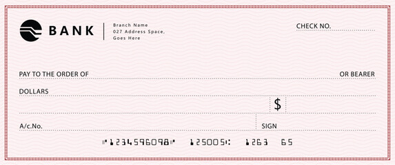 Wall Mural - red bank check, vector blank money cheque, checkbook template with guilloche pattern and fields. cur