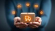 © Premium Graphics - Closeup of hands holding packaging box semitransparent overlay of floating logistics icons truck warehouse barcode supply chain delivery concept