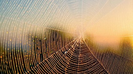 Wall Mural - Close-up view of a spiderweb covered with morning dew glittering in the sunlight against blurred trees, nature's detailed intricate design