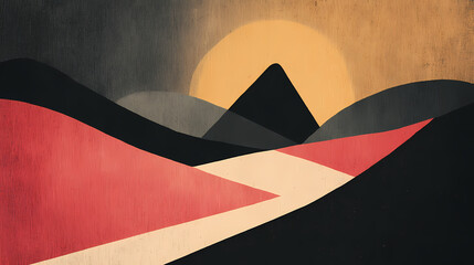 Wall Mural - Dreamy minimalist landscape with mountains and fog. minimalist. Illustration