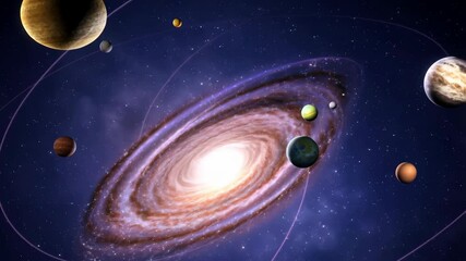 Wall Mural - vibrant cosmic vista featuring a galaxy with swirling arms, bright core, orbiting planets, and a mul
