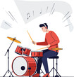 © Cansu - Male drummer playing red drum set with headphones music rhythm illustration vector