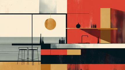 Wall Mural - light bar interior with island and cooking space near panoramic window. minimalist. illustration