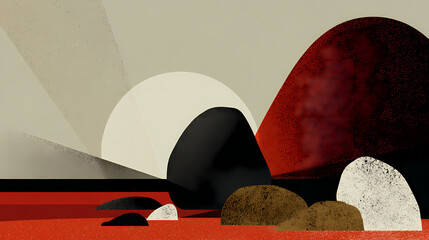 Wall Mural - minimalist abstract background, serene landscape with sand and rocks, soft morning light, illustrati