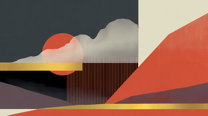 Wall Mural - Minimalist japanese ink landscape with gold leaf accents, depicting abstract mountains and clouds in traditional sumi-e style on a dramatic black background. minimalist. Illustration