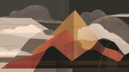 Wall Mural - Minimalist japanese ink landscape with gold leaf accents, depicting abstract mountains and clouds in traditional sumi-e style on a dramatic black background. minimalist. Illustration