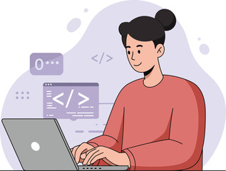 woman programming on laptop typing code in casual red sweater at desk vector illustration