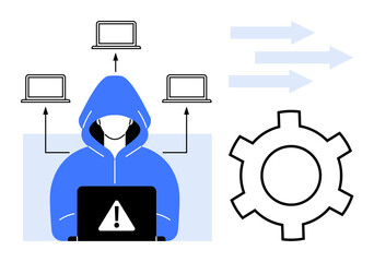 Hooded figure with laptop warning sign, network-linked computers, gear, and arrows. Ideal for cybersecurity, hacking, technology threat, software, data breach IT security simple landing page