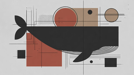 Wall Mural - Whale swimming in galaxy and planets: black and white line art drawing with geometric elements. minimalist. Illustration