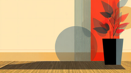 Wall Mural - wooden floor with dried tropical plant in pot and beautiful sun light with shadow on beige backgroun