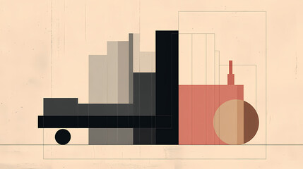Wall Mural - a series of black and gray pencils laid out to form a compact urban tractor, with a minimalist city 