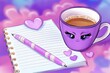© Chici - Xícara de café fofa com caderno e caneta rosa
