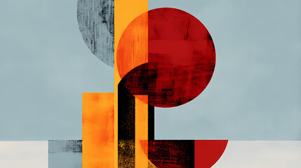 Wall Mural - Abstract expressionist artwork with bold colors and geometric shapes showcasing vibrant red and yellow contrasts against a blue background. minimalist. Illustration