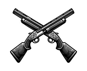 Wall Mural - two crossed vintage shotguns in engraving style in black and white for hunting concept