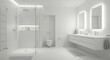 © Steffani - A minimalist all white bathroom with shower sink toilet and illuminated mirrors