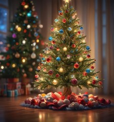 Wall Mural - A glowing Christmas tree with colorful ornaments, surrounded by soft bokeh lights ,  xmas tree,  celebration
