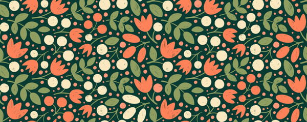 Poster - Exotic colorful seamless pattern with flower branches and leaves. Hand drawn vector botanical motif.