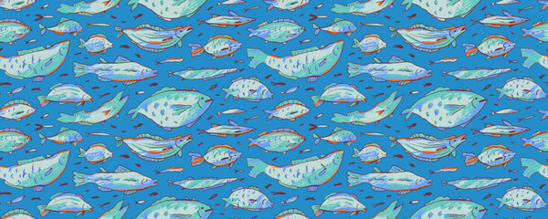 Fototapete - Colorful funky seamless pattern with crayon drawn fish. Childish colorful wrapping paper with various doodle cute fish.