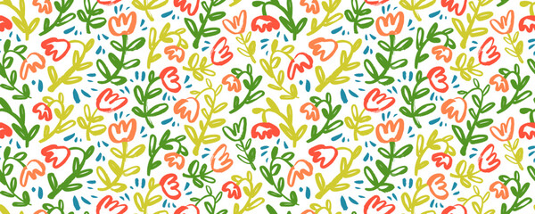 Poster - Cute girly seamless pattern with brush drawn funky flowers with stems. Hand drawn vector pastel colored wrapping paper.
