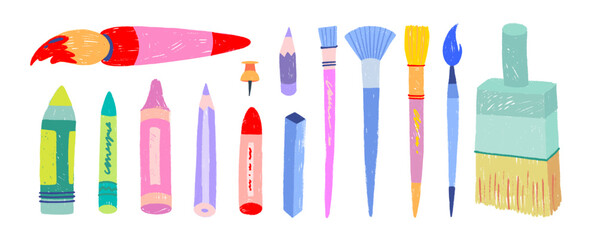 Aufkleber - Hand drawn set of paintbrushes, colorful pencils and wax crayons. Art painting supplies. Vector doodle childish illustration. Painters equipment, drawing stationery. Colorful funky icons.