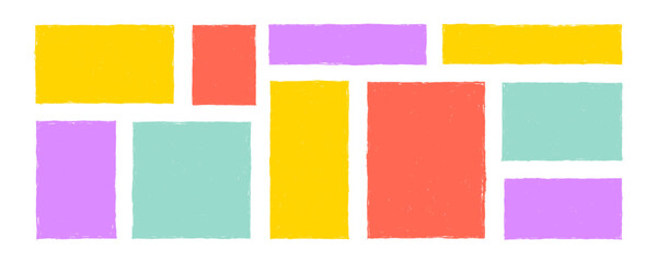 Poster - Crayon drawn colorful grunge rectangles and squares with rough edges. Childish text boxes, empty speech bubbles, doodle geometric shapes with pencil rough texture. Rectangles for hand drawn notes.
