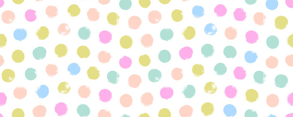 Poster - Pastel colored naive abstract polka dot seamless pattern. Childish seamless banner design with brush drawn dots and circles. Dotted funky cute wrapping paper. Multi colored confetti playful motif.