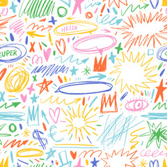 Poster - Colorful childish crayon drawn doodle seamless pattern. Funky shapes and inky drawings. Punk vector seamless pattern in childish girly style with scribbles, squiggles, speech bubbles and cute shapes.
