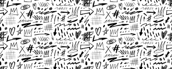 Poster - Seamless pattern with crayon drawn doodle shapes, grids, arrows and crowns. Punk style seamless banner design.