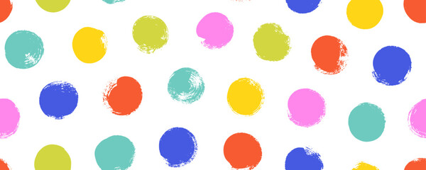 Poster - Colorful seamless polka dot pattern. Brush drawn rough multi colored circles. Funky abstract simple background with dots.