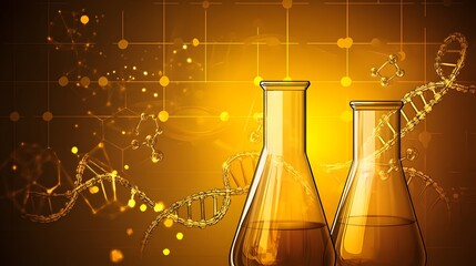 two laboratory flasks against a backdrop of scientific illustrations.